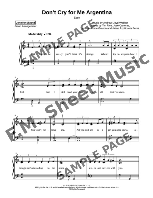 Don't Cry For Me Argentina Karaoke Piano Don't Cry for Me Argentina (Easy Piano) By Andrew Lloyd Webber - F.M